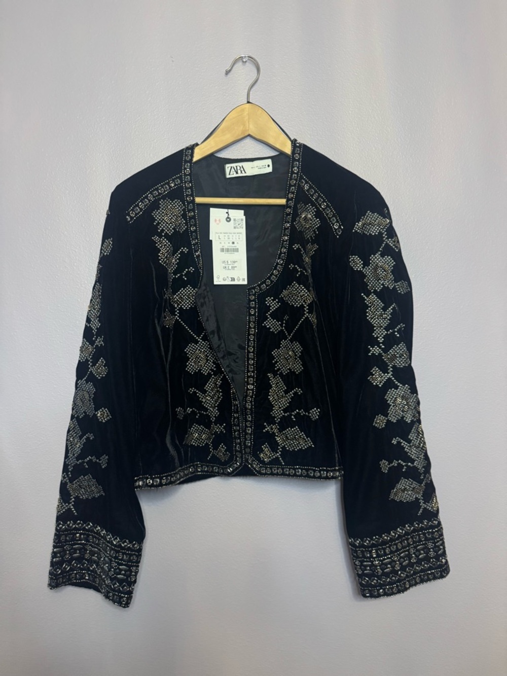 Zara Black Beaded Velvet Cropped Jacket NWT